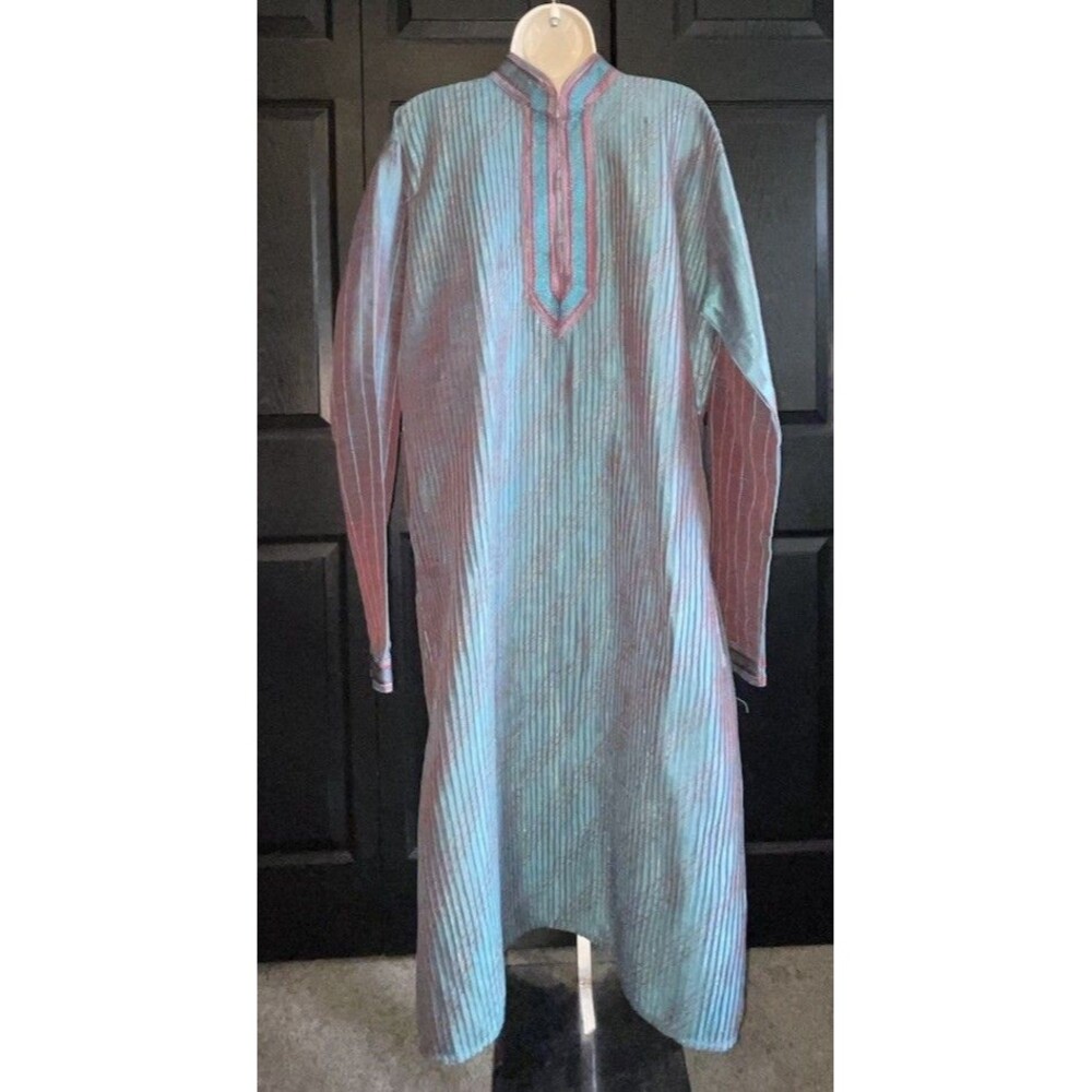 Teal Pleated Kaftan Prayer Gown Sz 42 Embroidered Mandarin Collar Eid Maxi Dress